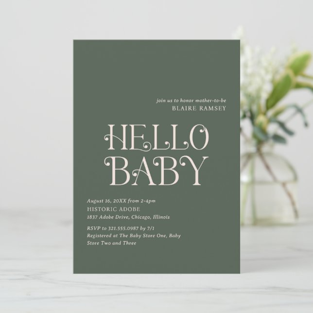 Hello Baby Moss Green Modern Baby Shower Invitation (Standing Front)