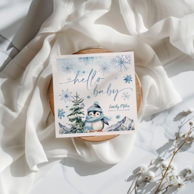Hello Baby Penguin, Winter blue baby shower Napkin (Creator Uploaded)