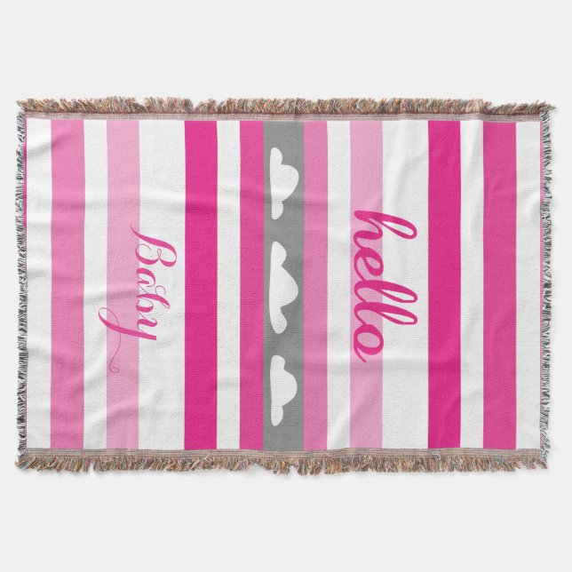 Hello baby Personalised Modern Pink Striped Clouds Throw Blanket (Front)