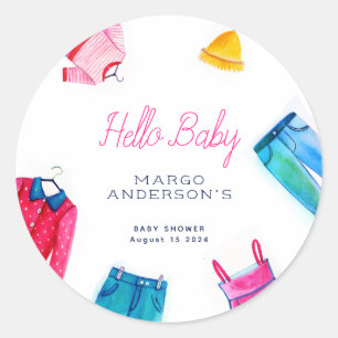Hello Baby Pink Blue Clothes Baby Shower Classic Round Sticker