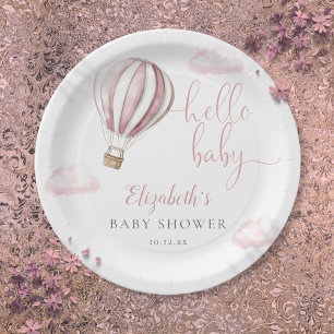 Hello Baby Pink Hot Air Balloon Baby Shower Paper Plate