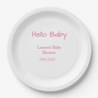 hello baby pink pastel baby shower name date trend paper plate