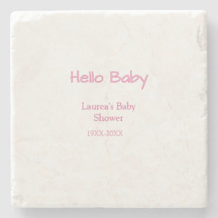 hello baby pink pastel baby shower name date trend stone coaster