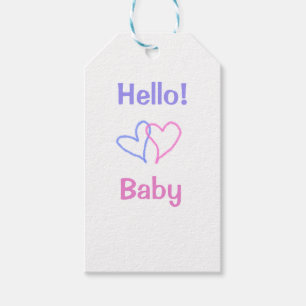 Hello baby pink purple heart name watercolor boho gift tags
