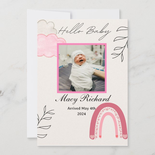 Hello baby pink rainbow & cloud birth announcement (Front)