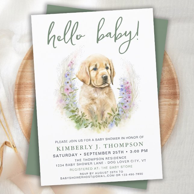 Hello Baby Puppy Dog Modern Sage Green Baby Shower Invitation (Creator Uploaded)