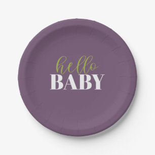 Hello Baby   Purple and Green Baby Shower Paper Plate