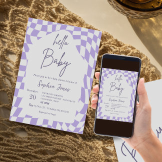 Hello Baby Purple Chequered Gingham | baby shower Invitation