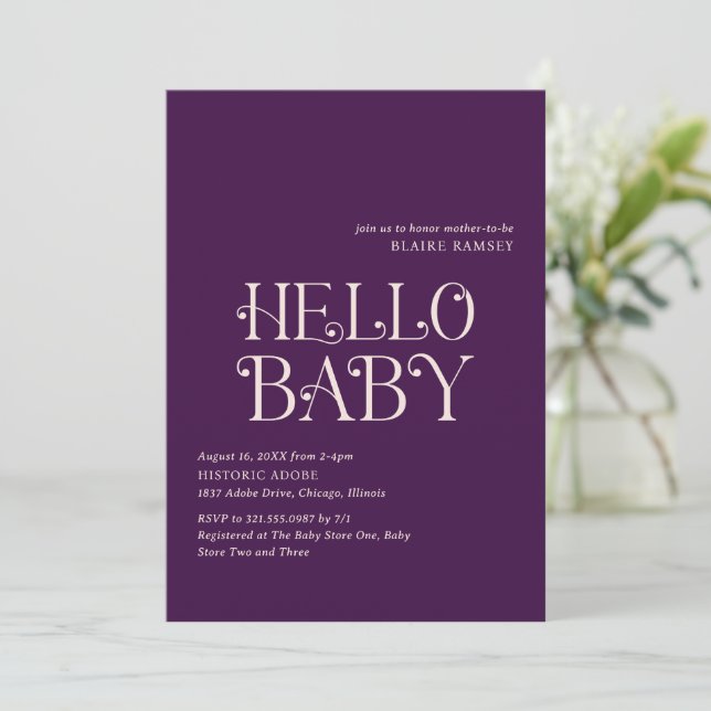 Hello Baby Purple Modern Baby Shower Invitation (Standing Front)