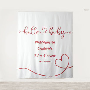 Hello Baby Red Heart Minimal Baby Shower Backdrop Tapestry
