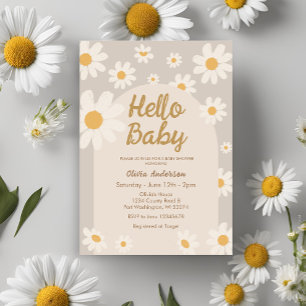 Hello Baby Retro Boho Daisy Baby Shower Invitation
