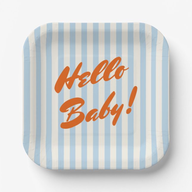 Hello Baby Retro Orange Blue Stripes Baby Shower Paper Plate (Front)