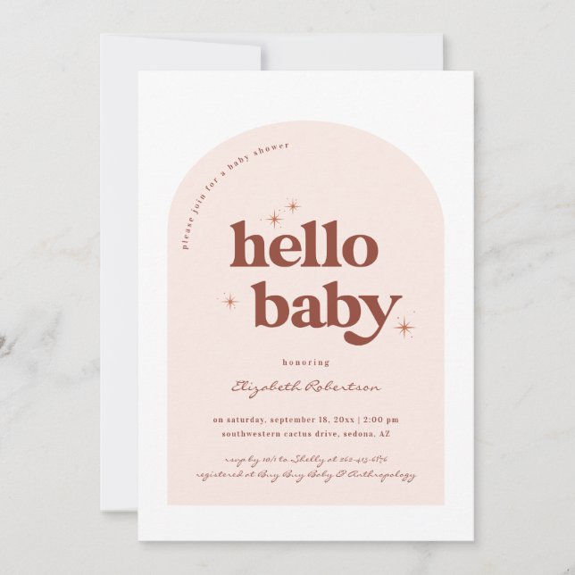 Hello Baby | Retro Pink & Terracotta Baby Shower Invitation (Front)