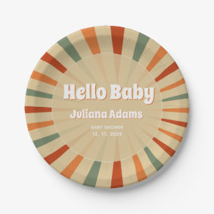 Hello Baby Retro Sage Green Orange Baby Shower Paper Plate