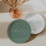 Hello Baby Sage Script Minimalist Baby Shower Paper Plate<br><div class="desc">We are always adding new designs weekly!</div>