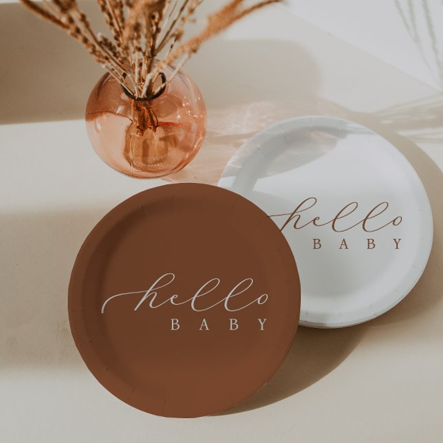 Hello Baby Script Minimalist Baby Shower Paper Plate (Creator Uploaded)