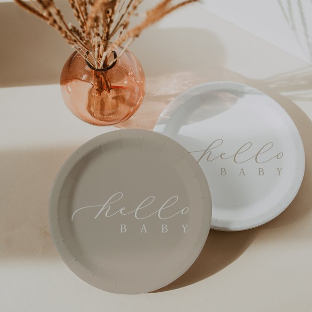 Hello Baby Script Minimalist Baby Shower Paper Plate (Creator Uploaded)