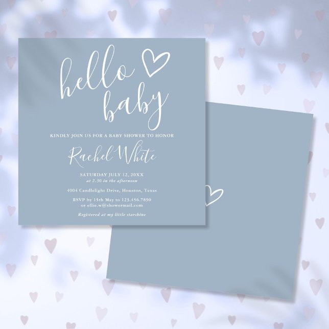 Hello Baby Shower Baby Boy Dusty Blue Cute Heart Invitation (Hello Baby Shower Baby Boy Dusty Blue Cute Heart Invitation)