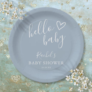 Hello Baby Shower Baby Boy Dusty Blue Cute Heart Paper Plate