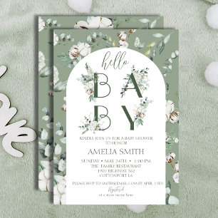 Hello Baby Shower Gender Neutral Boho Sage Green Invitation