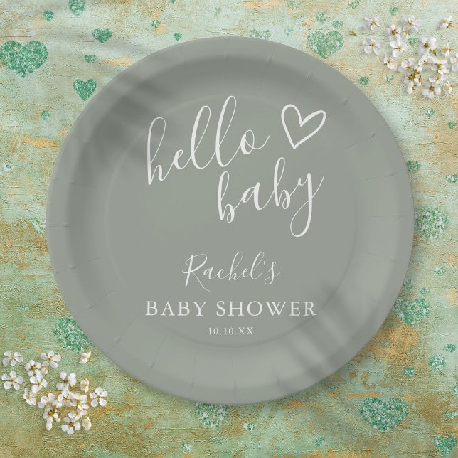 Hello Baby Shower Gender Neutral Boho Sage Green Paper Plate (Hello Baby Shower Gender Neutral Boho Sage Green Paper Plates)