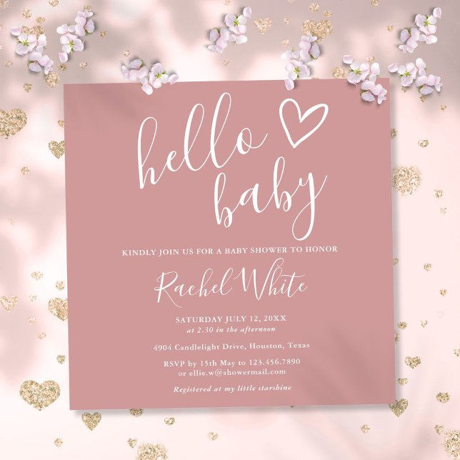 Hello Baby Shower Girl Dusty Rose Pink Cute Heart Invitation (Hello Baby Shower Girl Dusty Rose Pink Cute Heart Invitation)