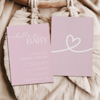 Hello Baby Shower Heart Baby Pink Minimalist Invitation