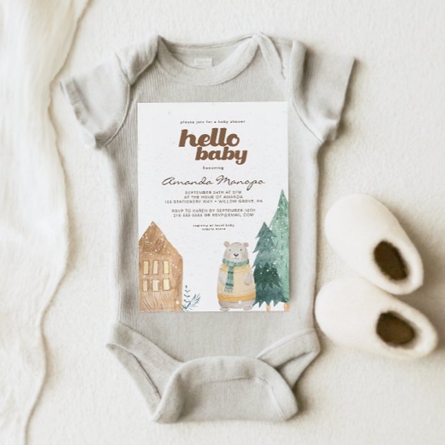 Hello Baby Snow Bear Watercolor Baby Shower Invitation (Creator Uploaded)
