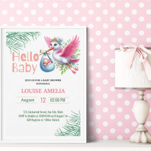 Hello Baby Stork Delivery Girl Baby Shower Invitation
