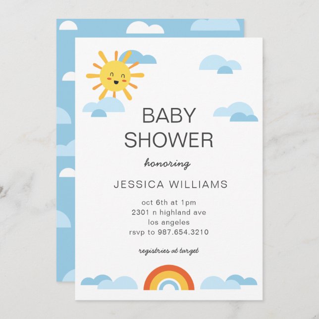 Hello Baby Sun Clouds Rainbow Baby Shower Invite (Front/Back)