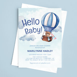 Hello Baby Teddy Bear Blue Shower Invitation