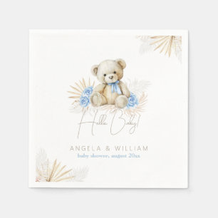 Hello Baby Teddy Bear Boho Blue Boy Baby Shower Napkin