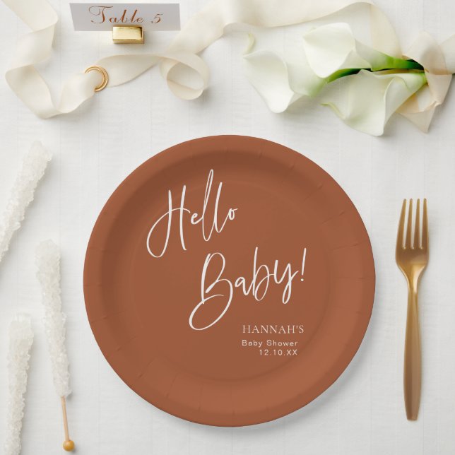 Hello Baby Terracotta Bohemian Earthy Baby Shower Paper Plate (Wedding)