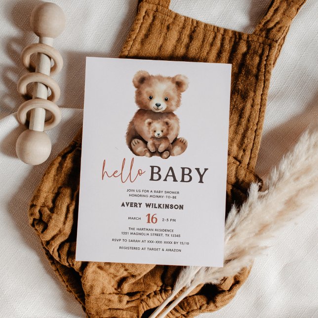 Hello Baby Watercolor Bear Woodland Baby Shower Invitation (Creator Uploaded)