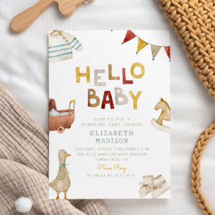 Hello Baby Watercolor Clothes & Toys Baby Shower Invitation