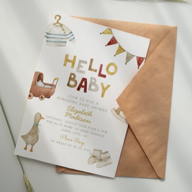 Hello Baby Watercolor Clothes & Toys Baby Shower Invitation (Creator Uploaded)