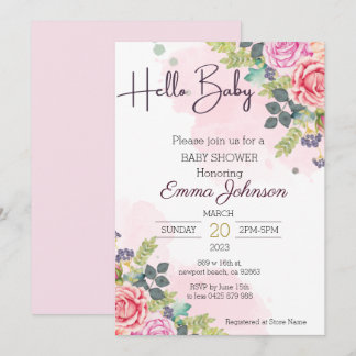 Hello Baby Watercolor Floral Baby Shower Invitation