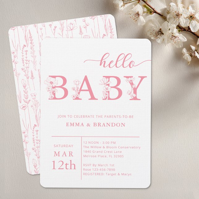 Hello Baby Wildflower Baby Shower Invitation (Pink Floral Baby Shower Invitation - Hello Baby)