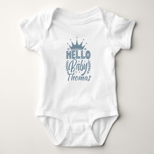 Hello Baby with Crown Baby's Name, Blue Bodysuit (Front)