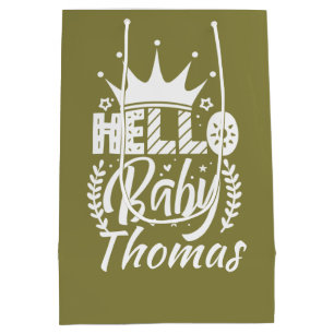Hello Baby with Crown Baby's Name Olive Green Medium Gift Bag