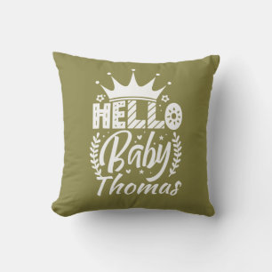 Hello Baby with Crown & Name Olive Green Cushion