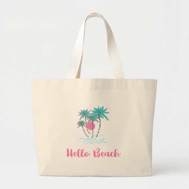 Hello Beach Tropical Style Summer Cool Large Tote Bag (Front)