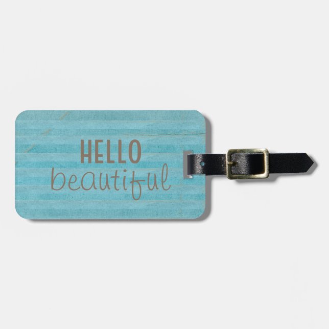 Hello Beautiful Blue Gold Striped Luggage Tag (Front Horizontal)