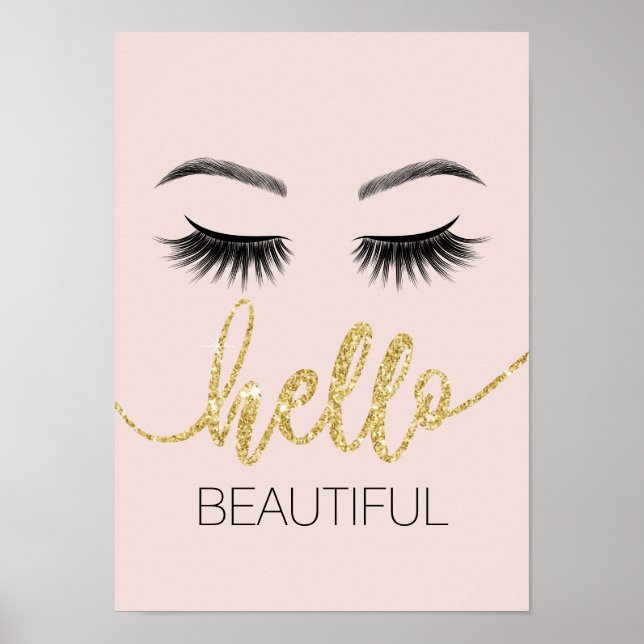 Hello Beautiful Eyelashes Gold Typography Salon Poster (Front)