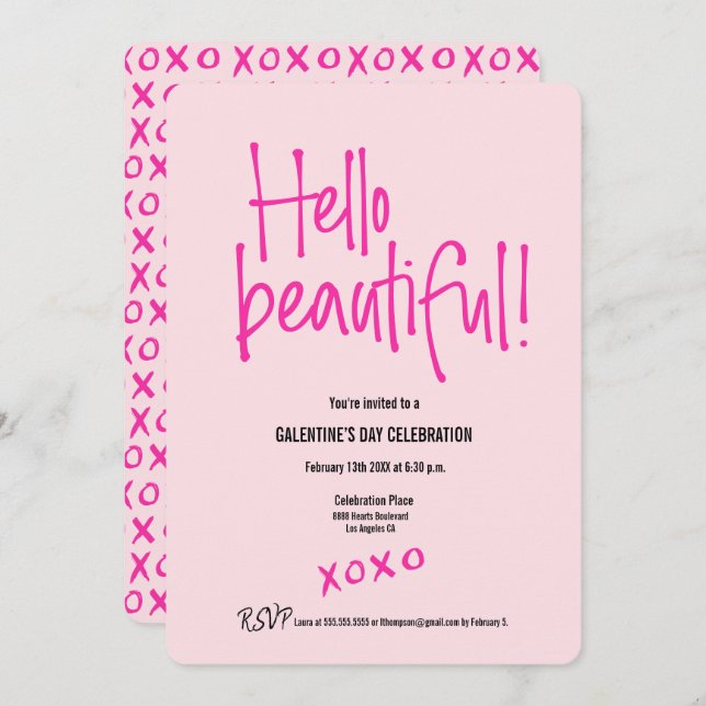Hello Beautiful! Galentine's Day xoxo pink custom Invitation (Front/Back)