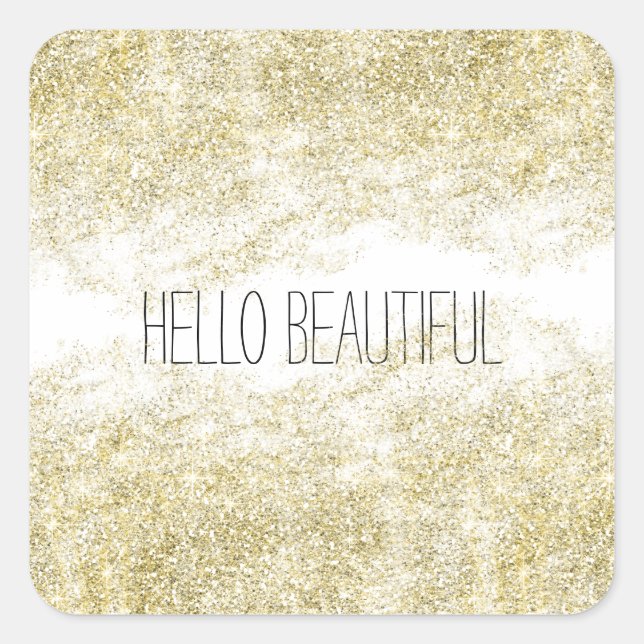 Hello Beautiful Gold Faux Glitter Square Sticker (Front)