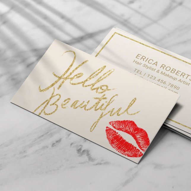 Hello Beautiful Gold Typography Red Lips Print Business Card (Creator Uploaded)