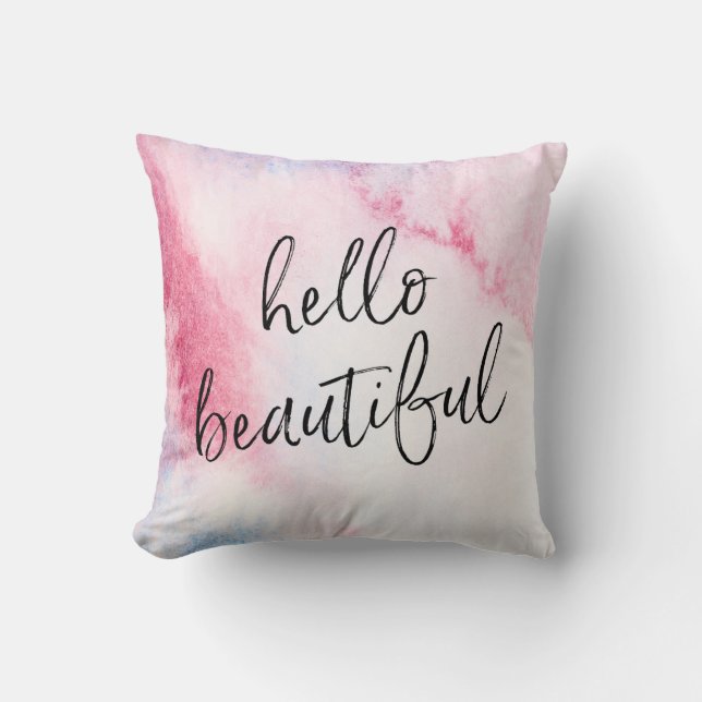 Hello beautiful hand-lettered watercolour pillow (Front)