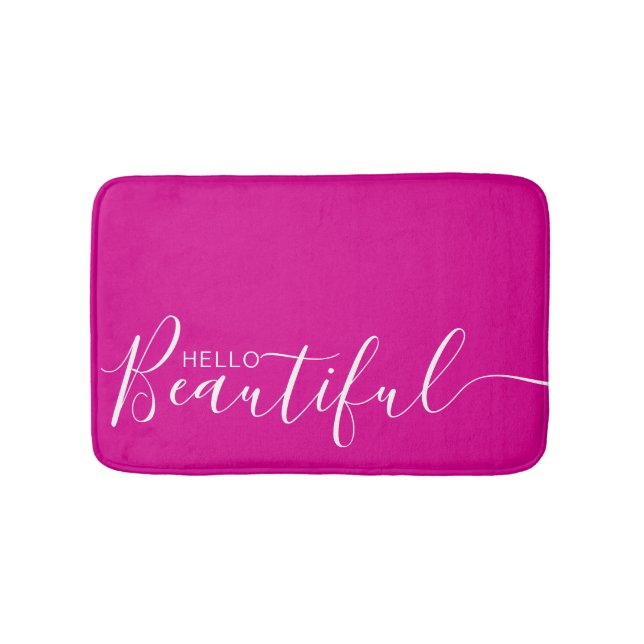 Hello Beautiful Hot Pink White Typography Modern Bath Mat (Front)