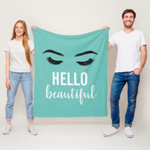 Hello Beautiful Lashes Eyelash Makeup Artist Teal Fleece Blanket